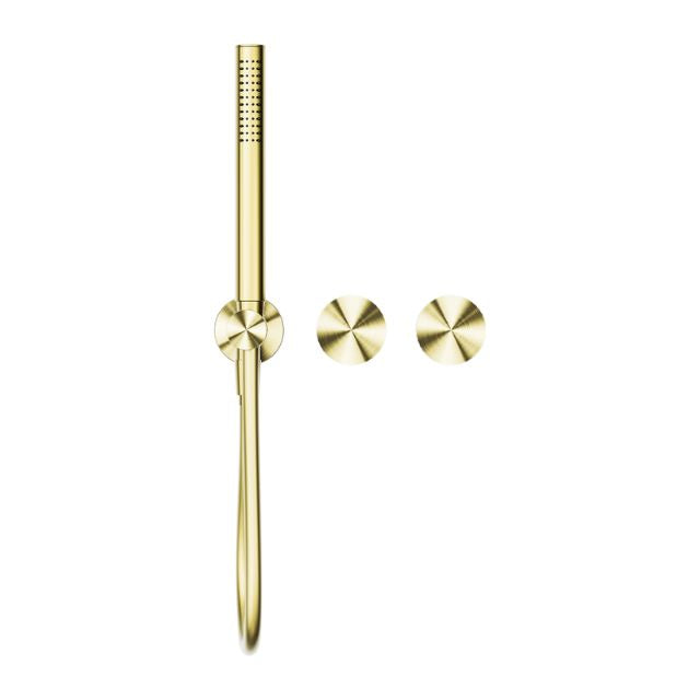 Nero Opal progressive shower system separate plate in brushed gold, wall-mounted with slim round handset and two gold control plates