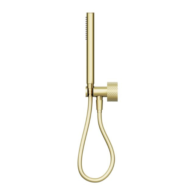 Nero Opal progressive shower system in brushed gold, wall-mounted with separate plate and hand shower hose on white background
