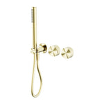 Nero Opal progressive shower system in brushed gold, with separate wall plate and hand shower, shown on white background