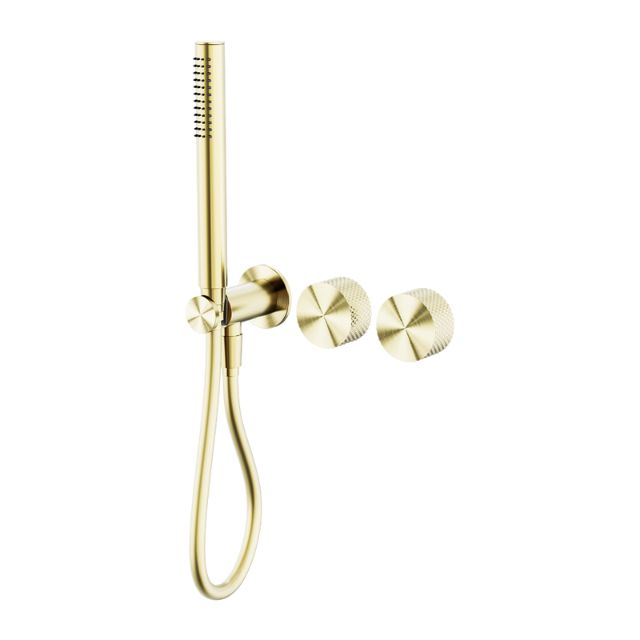 Nero Opal progressive shower system in brushed gold, with separate wall plate and hand shower, shown on white background