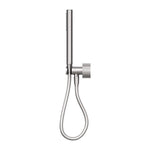 Nero Opal progressive shower system in brushed nickel, wall-mounted with separate plate, slim hand shower and hose loop, side view