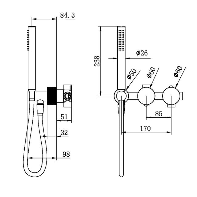 Technical drawing of Nero Opal progressive shower system, wall-mounted separate plate, brushed nickel finish, with dimensions shown
