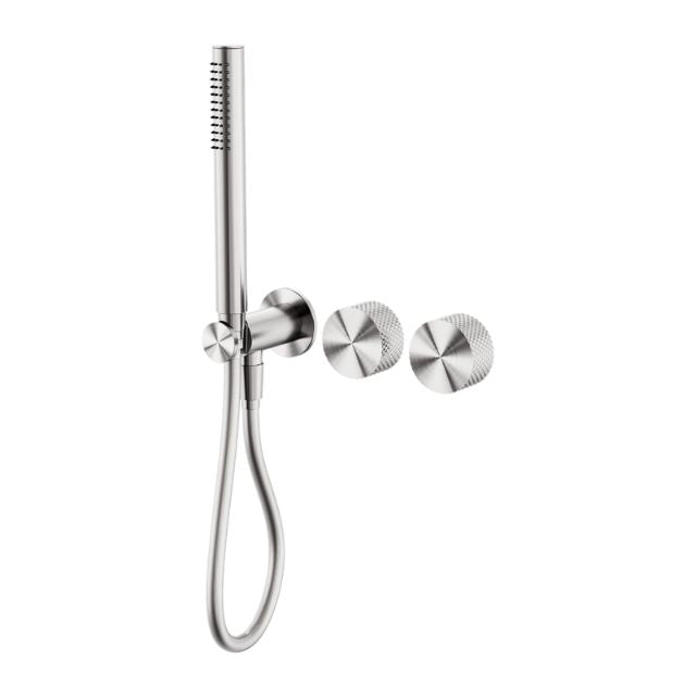 Nero Opal progressive shower system in brushed nickel, wall-mounted with separate plate and handheld shower hose