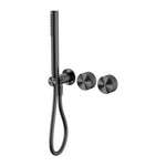 Nero Opal progressive shower system in graphite, with separate wall plate, hand shower and hose, front view