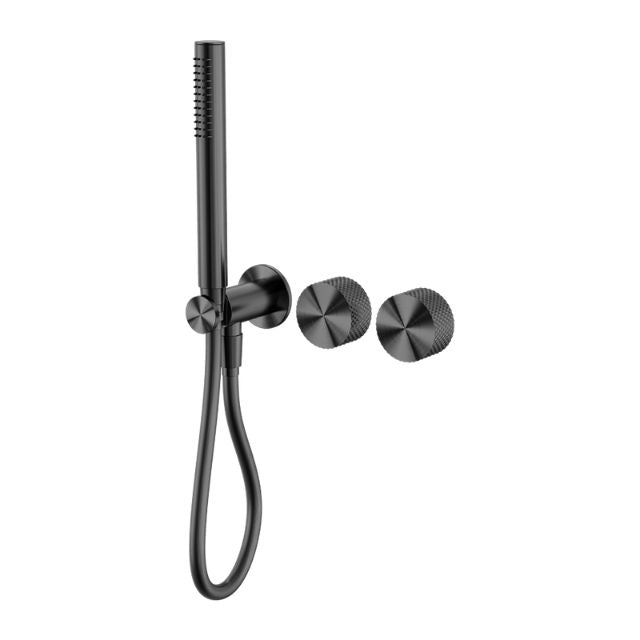 Nero Opal progressive shower system in graphite, with separate wall plate, hand shower and hose, front view