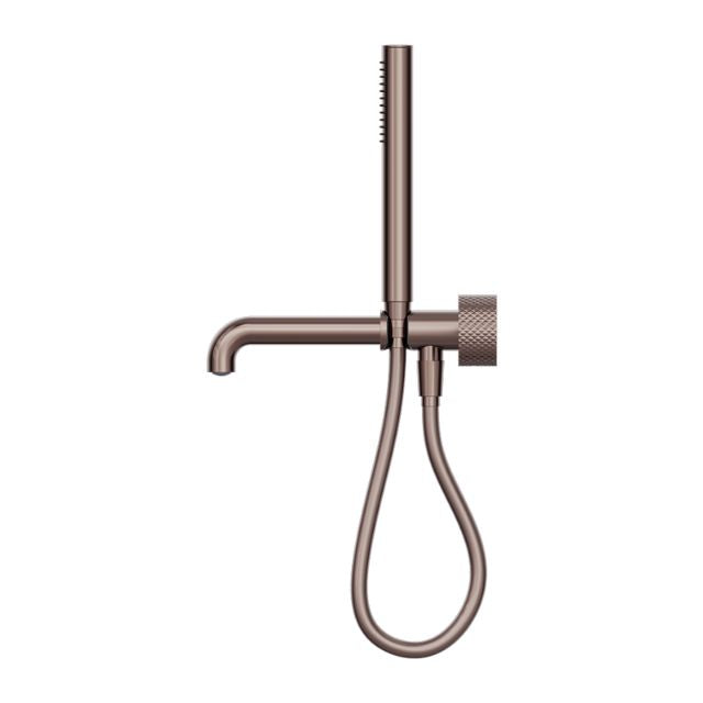 Nero Opal progressive shower system with 230mm spout, brushed bronze, wall-mounted taps and hose on white background