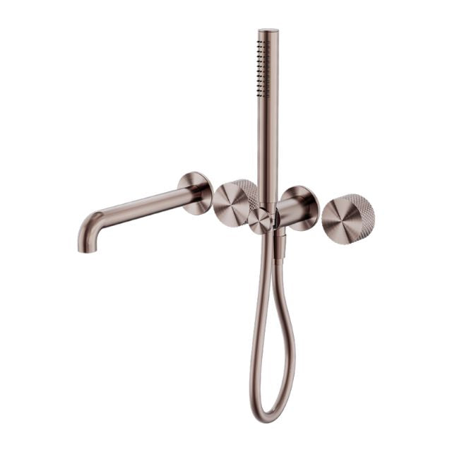 Nero Opal progressive shower system with separate plate and 230mm wall-mounted spout, brushed bronze finish