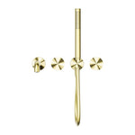 Nero Opal brushed gold progressive shower system with separate wall plate, spout and slim vertical control handle on white background