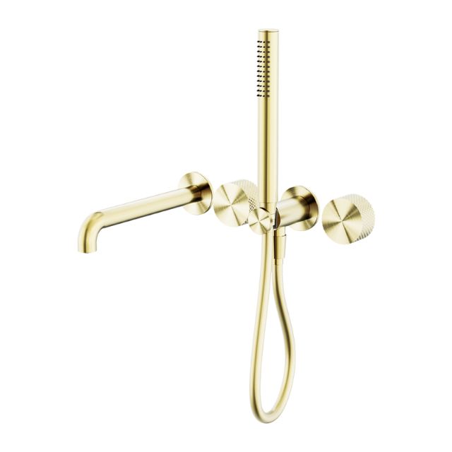 Nero Opal brushed gold progressive shower system with wall spout and separate round plates