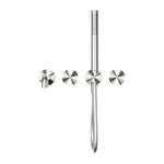 Nero Opal brushed nickel wall-mounted progressive shower system with separate plates and spout, front view