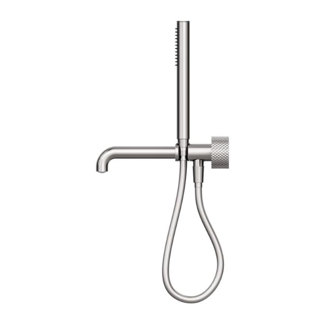 Nero Opal progressive shower system with separate plate and wall-mounted spout, brushed nickel finish