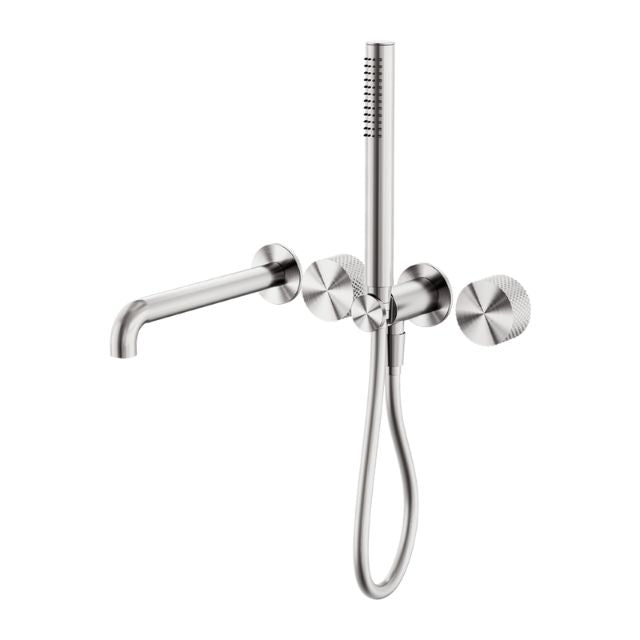 Nero Opal brushed nickel wall-mounted shower system with separate plate, spout and hand shower reduced to 599 characters?