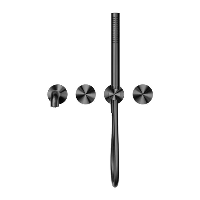 Nero Opal progressive shower system in graphite, wall-mounted with round plates and separate spout, front view