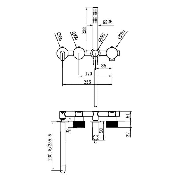 Nero Opal shower system technical drawing, wall-mounted separate plate with spout, graphite, dimensions shown
