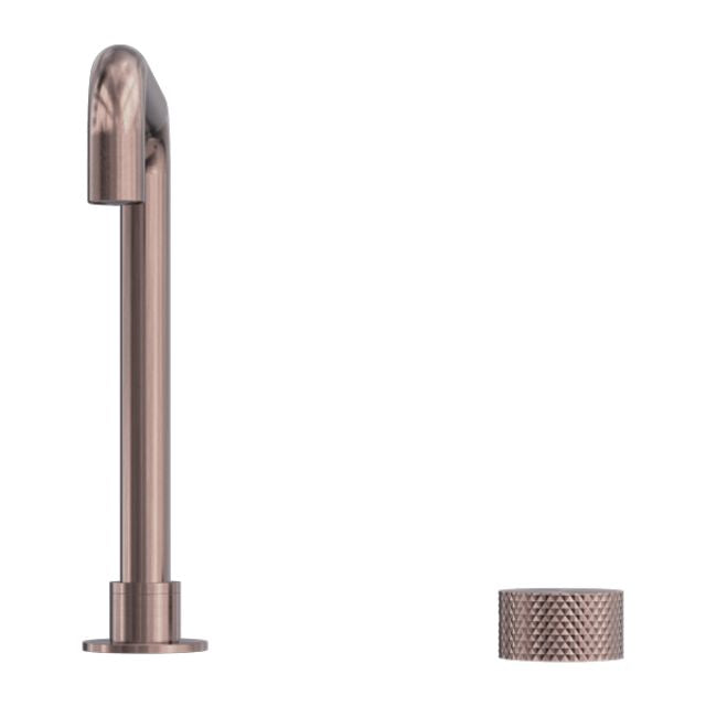 Nero Opal Progressive tall basin spout in brushed bronze, shown with matching textured hand wheel on white background