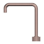 Nero Opal progressive tall basin spout in brushed bronze, side view with square gooseneck profile and knurled base knob