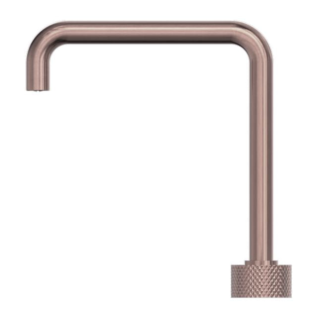 Nero Opal progressive tall basin spout in brushed bronze, side view with square gooseneck profile and knurled base knob