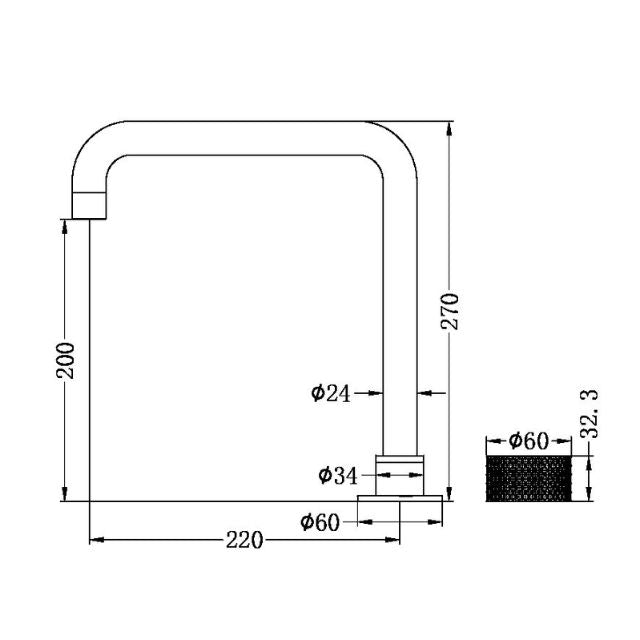 Nero Opal Progressive Tall Basin Set technical drawing in brushed bronze, showing side view with measurements and base diameter.