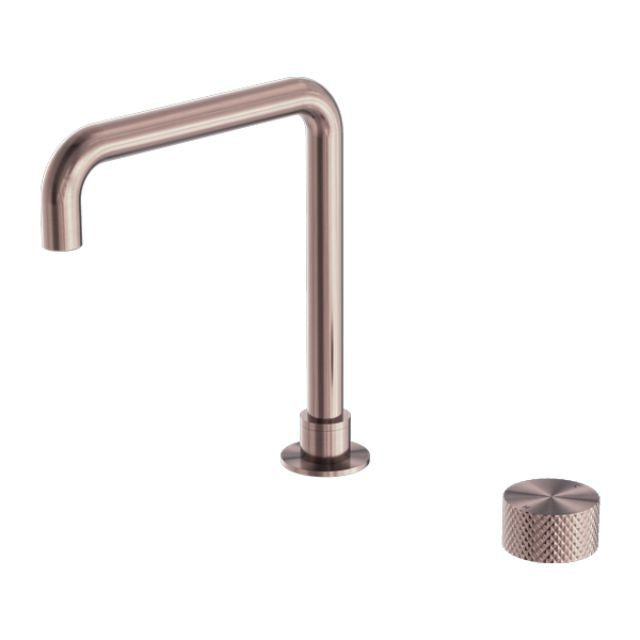 Nero Opal progressive tall basin spout in brushed bronze with separate knurled control knob on white background