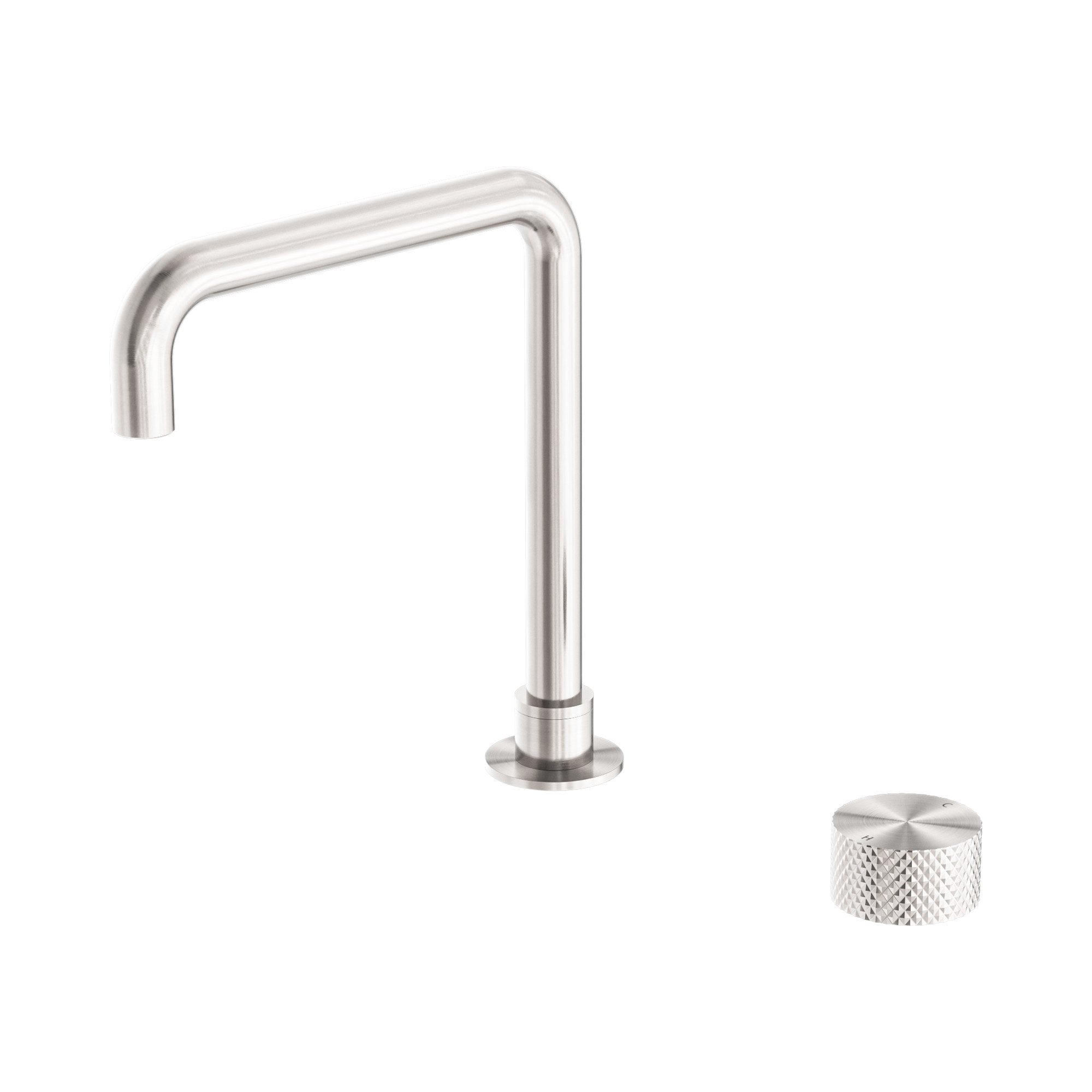 Nero Opal progressive tall basin spout in brushed nickel with knurled control wheel, shown on white background