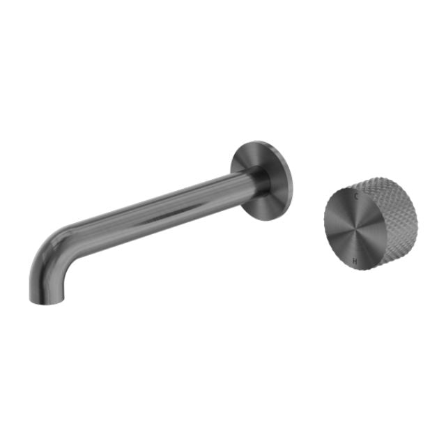 Nero Opal wall-mounted basin/bath spout in graphite, with round handle and 120mm reach, shown on white background