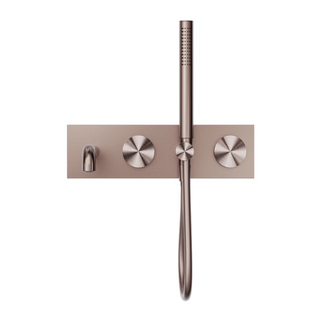 Nero Opal progressive shower system with spout, brushed bronze wall plate, hand shower and two round controls