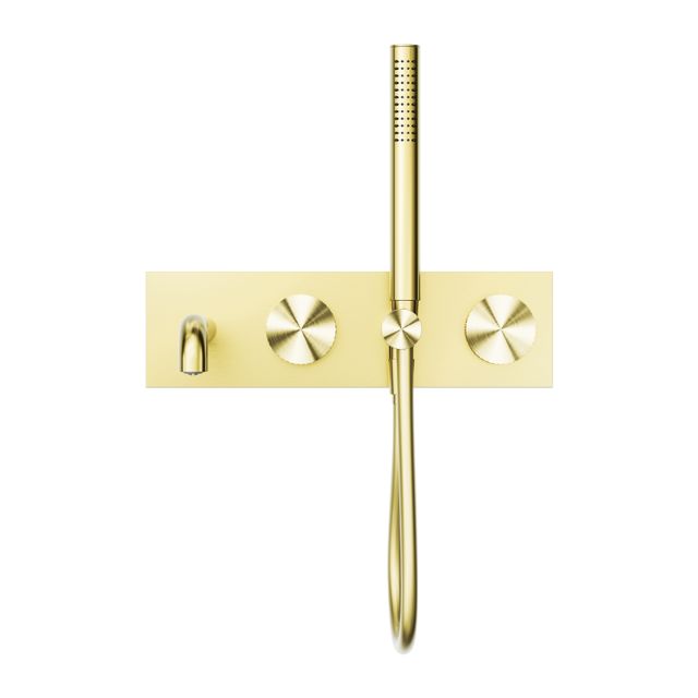 Nero Opal brushed gold progressive shower system with wall-mounted spout and handheld showerhead on rectangular plate