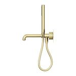 Nero Opal progressive shower system with 230mm spout in brushed gold, wall-mounted tapware with handheld shower hose