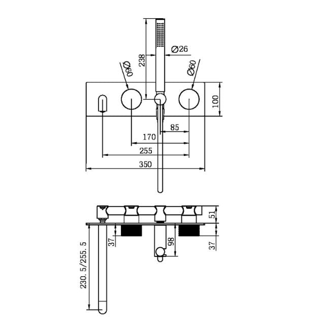 Nero Opal progressive shower system wall plate and 230mm spout, brushed gold, technical drawing with dimensions