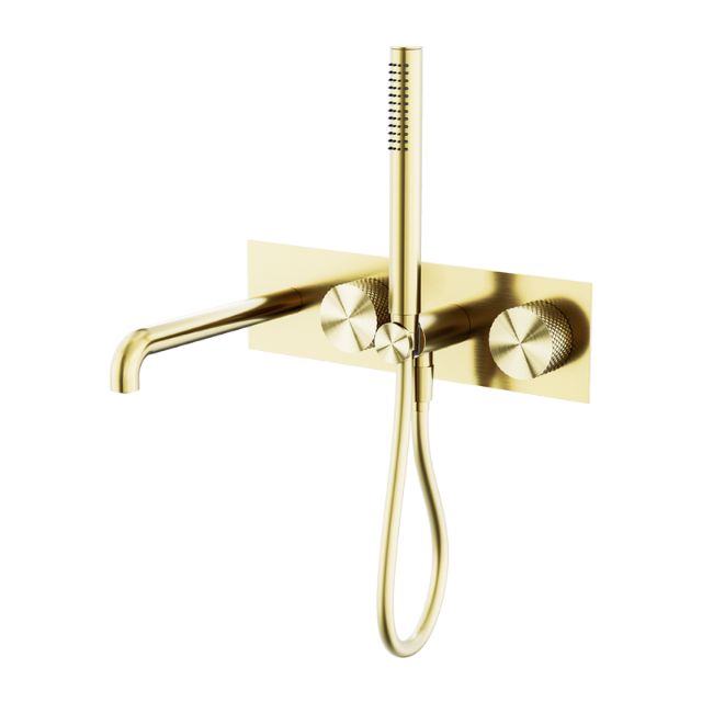 Nero Opal brushed gold wall-mounted progressive shower system with 230mm spout and hand shower hose
