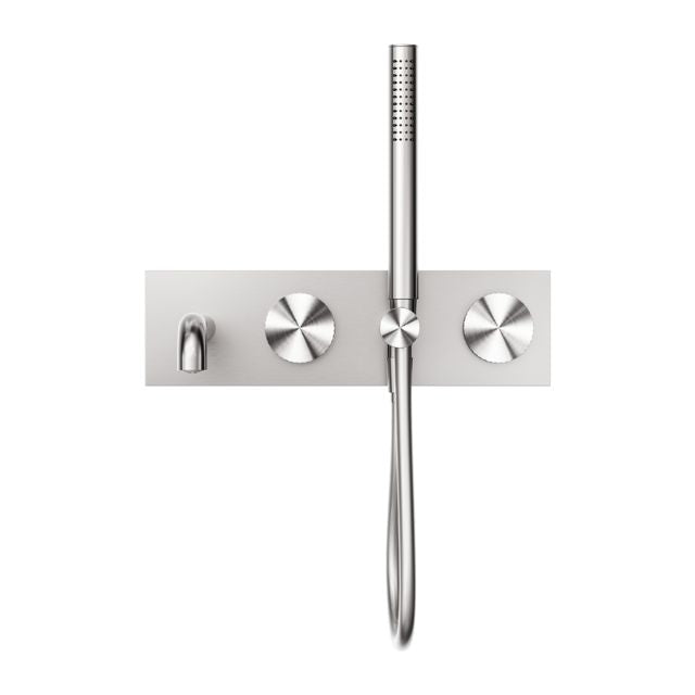 Nero Opal progressive shower system with 230mm spout, brushed nickel wall mixer and hand shower set