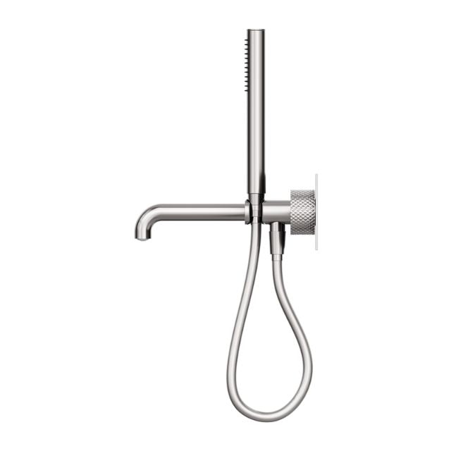Nero Opal progressive shower system with 230mm spout in brushed nickel, wall-mounted tapware on white background