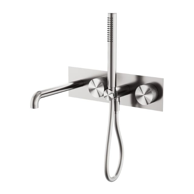 Nero Opal progressive shower system with 230mm spout, brushed nickel wall-mounted mixer and hand shower on backplate