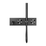 Nero Opal progressive shower system with spout and hand shower, graphite wall-mounted tap set in front view