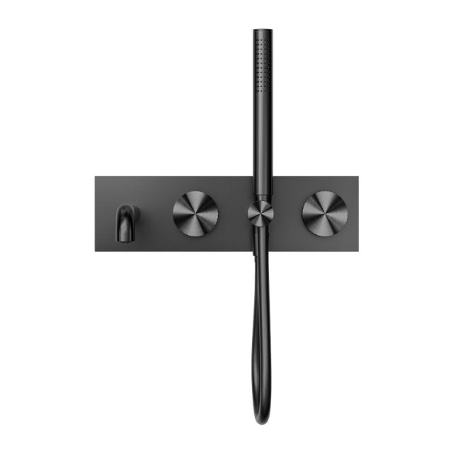 Nero Opal progressive shower system with spout and hand shower, graphite wall-mounted tap set in front view