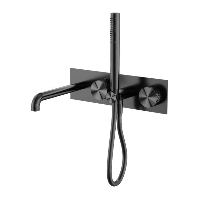 Nero Opal progressive shower system with spout in graphite, wall-mounted with handset and rectangular faceplate