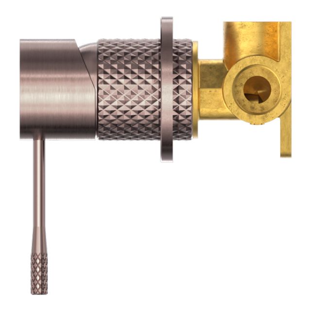 Nero Opal shower mixer in brushed bronze, side view showing knurled handle and brass wall-mount body