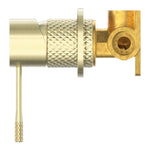 Nero Opal shower mixer in brushed gold, side view showing textured lever and wall-mount fitting