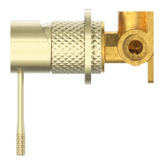 Nero Opal shower mixer in brushed gold, side view showing textured lever and wall-mount fitting