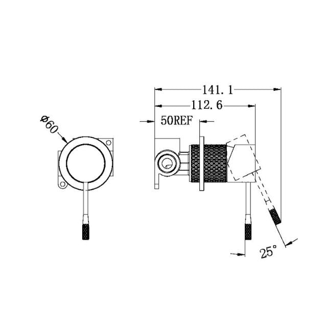 Nero Opal shower mixer technical drawing, 60mm plate and wall-mounted brushed gold tap with dimensions shown
