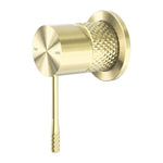 Nero Opal shower mixer in brushed gold with round wall plate and single lever handle, shown front on