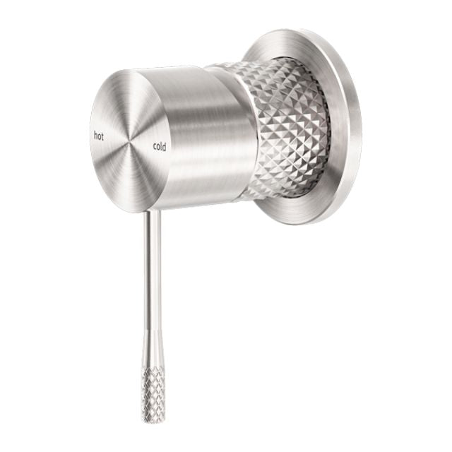 Nero Opal wall-mounted shower mixer in brushed nickel, with 60mm round plate and textured lever detail