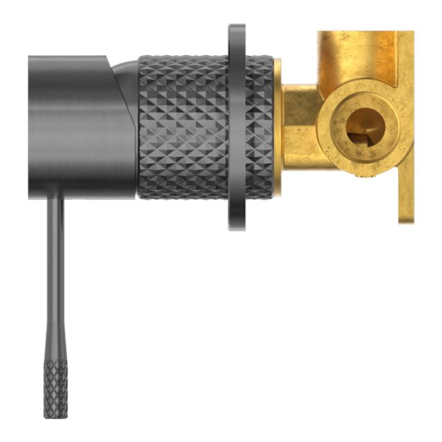 Nero Opal shower mixer in graphite, side view showing textured handle and brass backplate before installation
