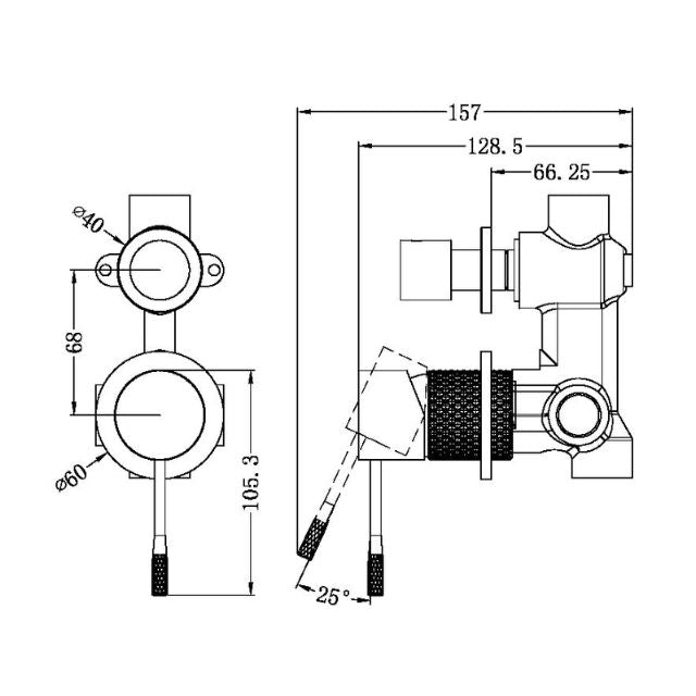 Nero Opal shower mixer with divertor technical drawing, wall-mounted separate plate, brushed bronze, front and side views with dimensions