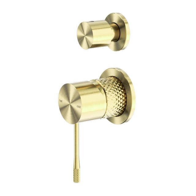 Nero Opal brushed gold shower mixer with separate divertor plate, wall-mounted tap set shown on white background