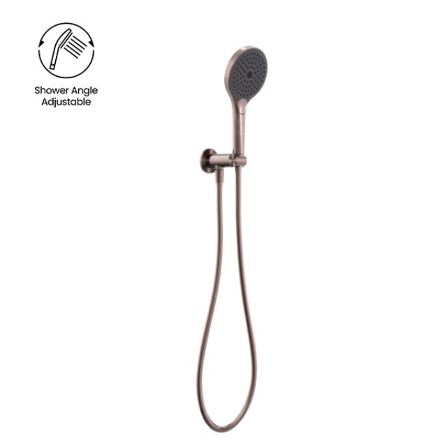 Nero Opal wall-mounted hand shower on bracket in brushed bronze, with hose and adjustable angle