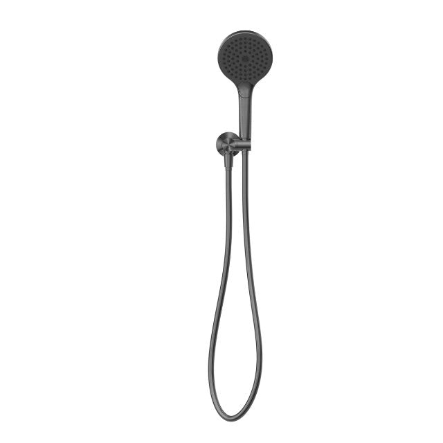 Nero Opal hand shower on wall bracket with hose, graphite finish, front view on white background
