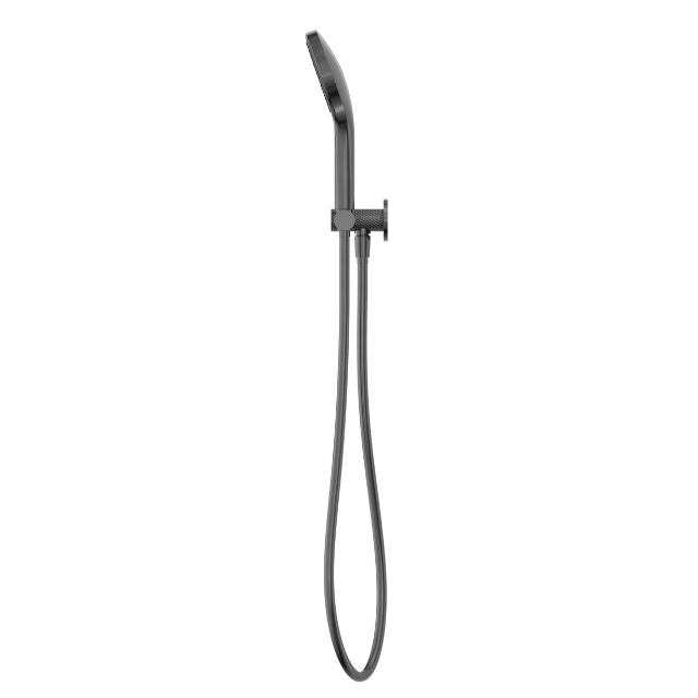 Nero Opal hand shower on bracket in graphite, wall mounted with hose, side view