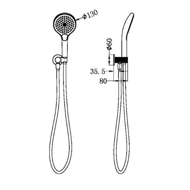 Nero Opal hand shower on bracket, graphite finish, shown in technical drawing with dimensions and hose view