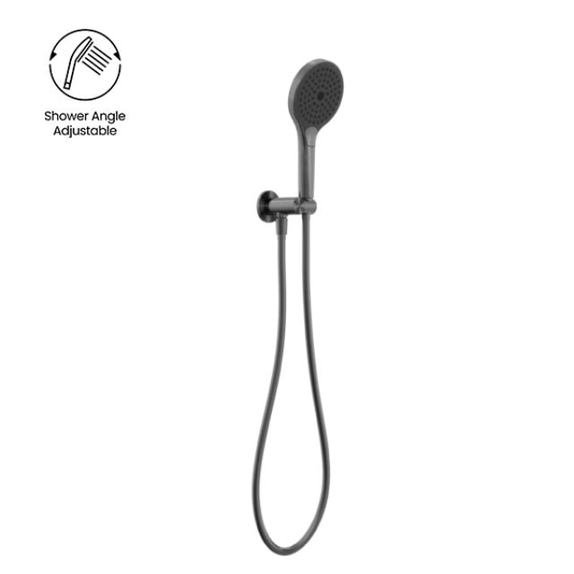 Nero Opal hand shower on wall bracket in graphite finish with hose, shown front on white background